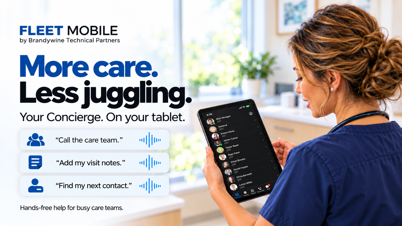 A nurse holds a tablet showing Concierge: call the care team, add visit notes, and find a contact.