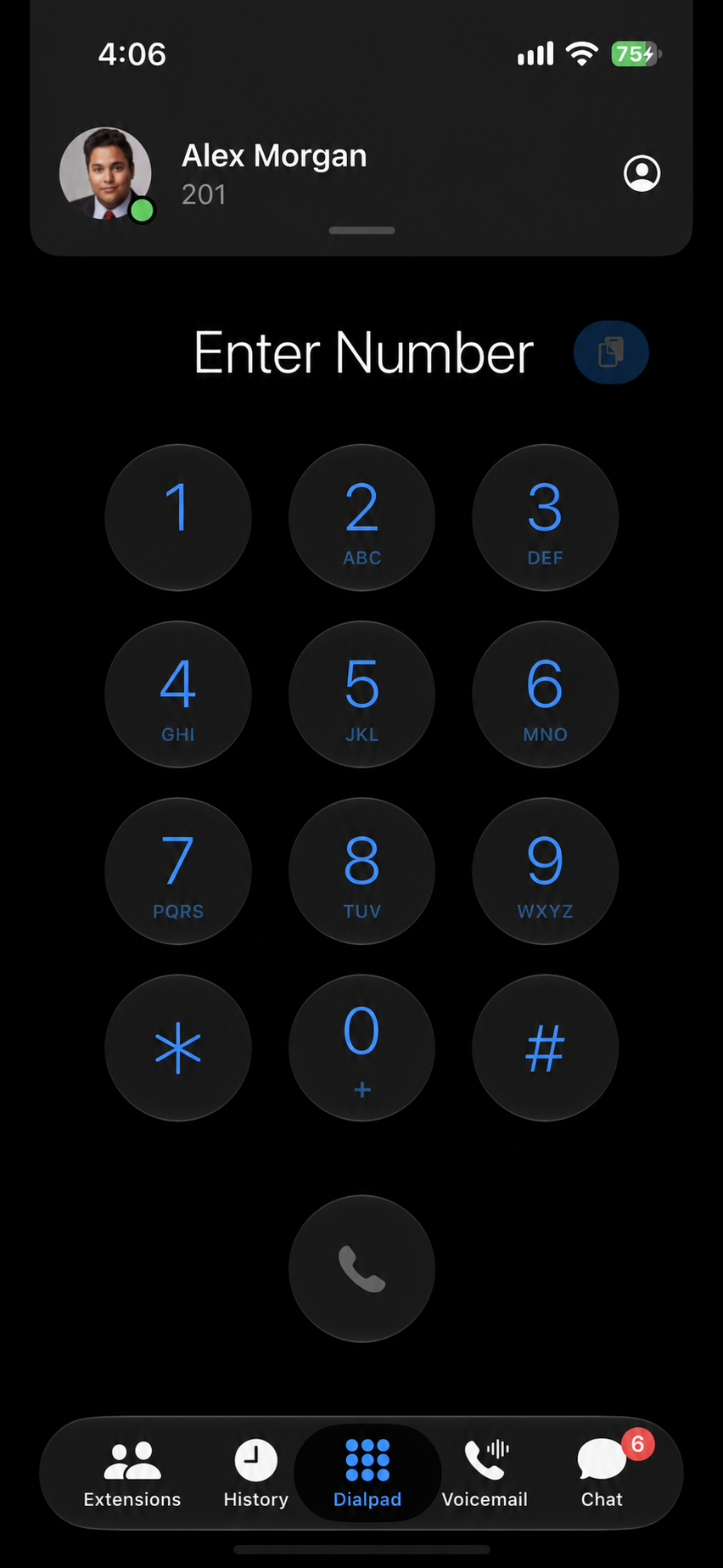 Fleet Mobile's actual iPhone dialpad and business extension